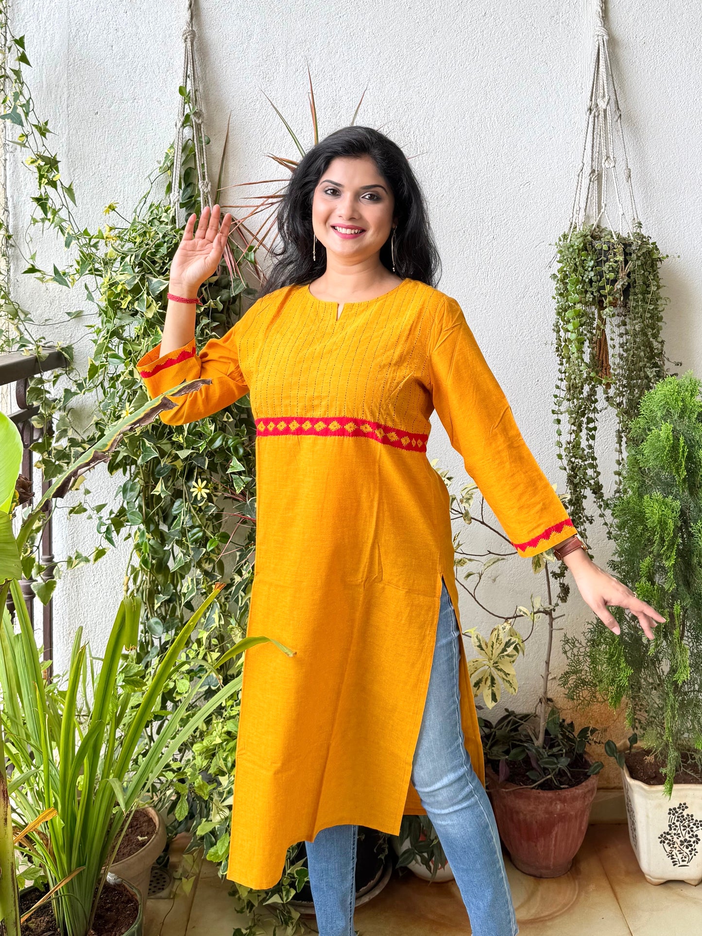 Masakali ~ Cotton Embroidered Kurti, Yellow Ochre🔅