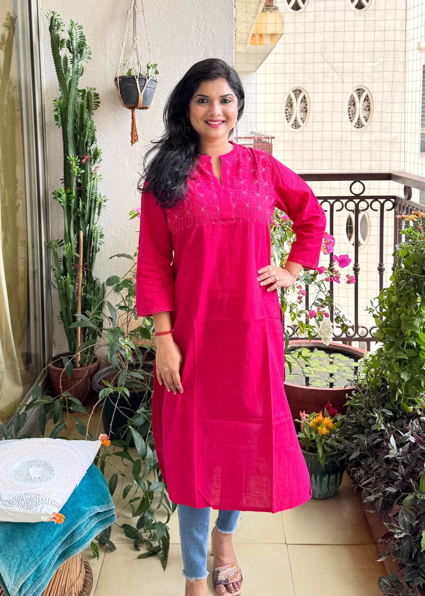 Masakali ~ Cotton Embroidered Kurti, Flamingo Pink🦩