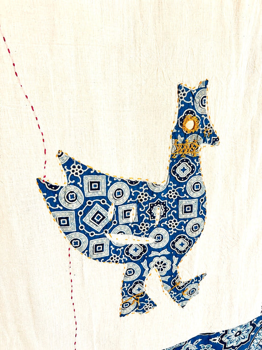 Ajrakh Applique & Kantha Embroidered ~ Mor Angan Dupatta - Navy Blue