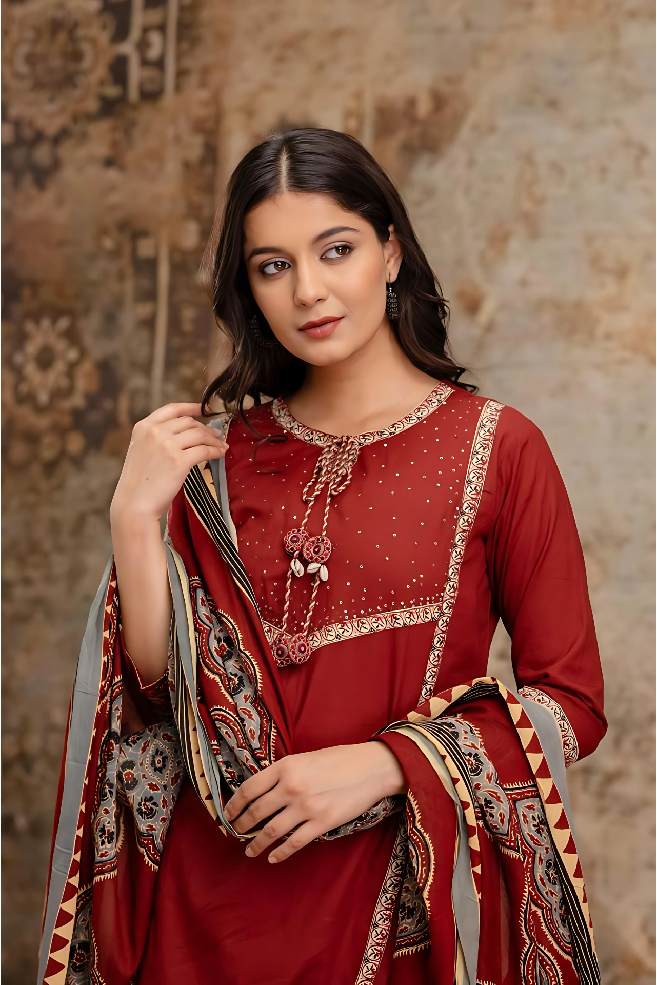 Saanjh š ą½¼ā¼š Ajrakh Hand Embroidered Suit ~ Mahogany Red