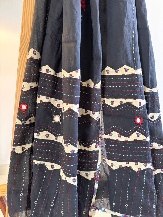 Ajrakh Applique & Kantha Embroidered Dupatta ~ Black & Cream