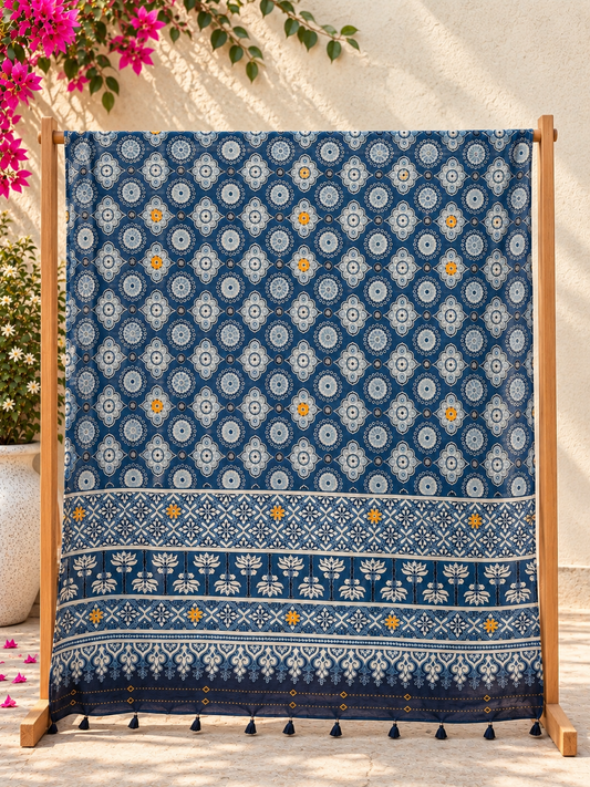 Rangrez🔅Ajrakh Mulmul Cotton Dupattas with Embroidery ~ Neel Bahaar