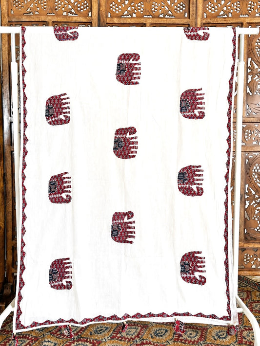 Ajrakh Applique & Kantha Embroidered ~ Red Hastika Dupatta