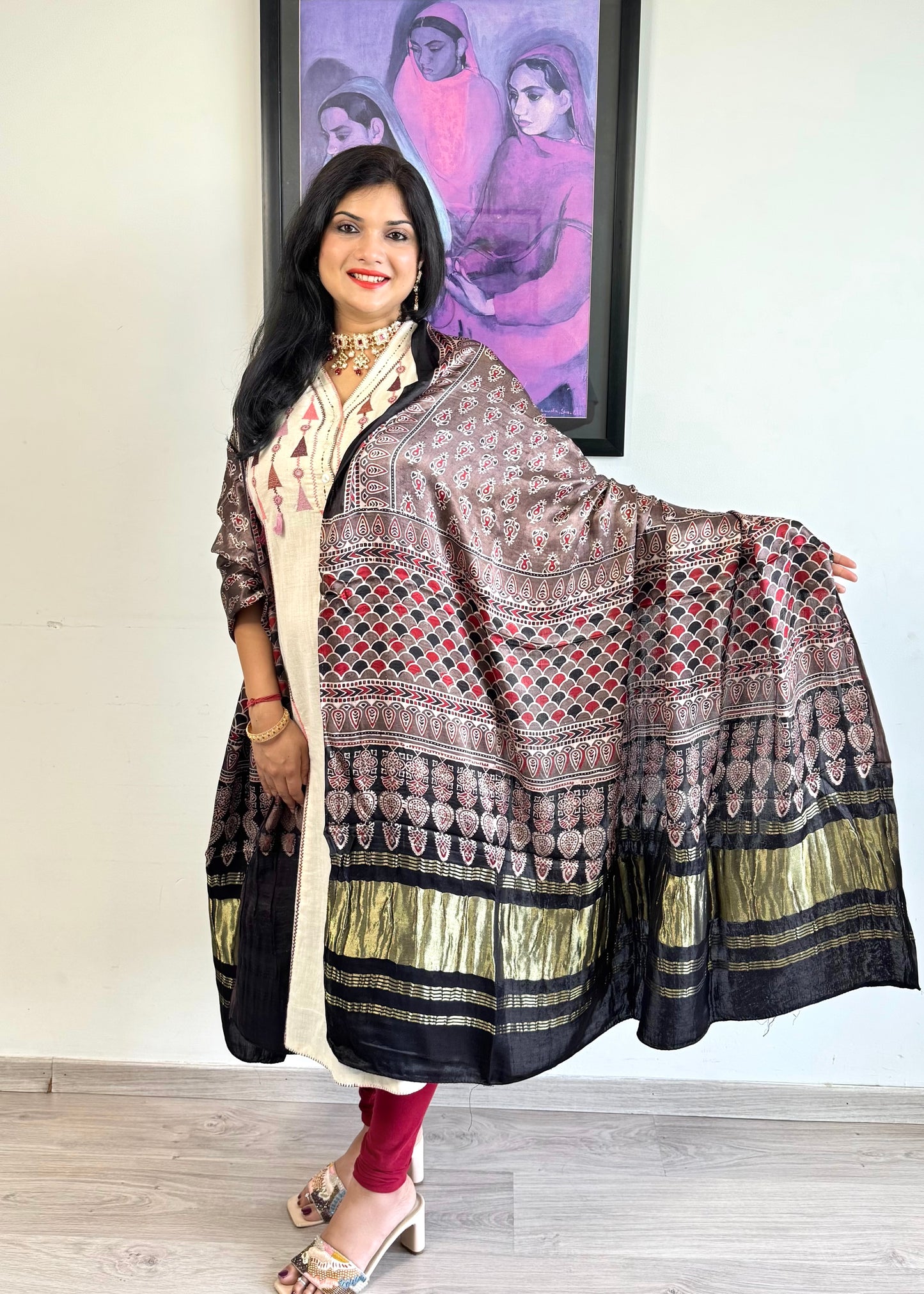 Modal Silk Ajrakh Dupatta ~ Metallic Grey Fish Scale motif w/ Zari