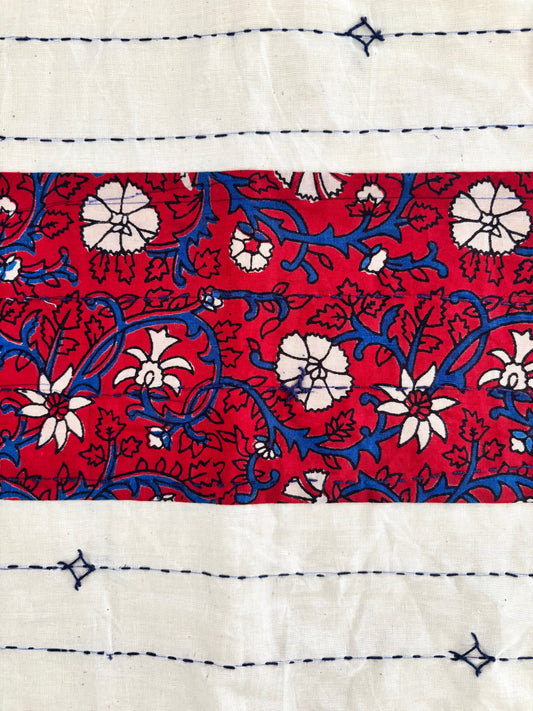 White & Red ~ Ajrakh & Kantha Table Runner w/ Mats