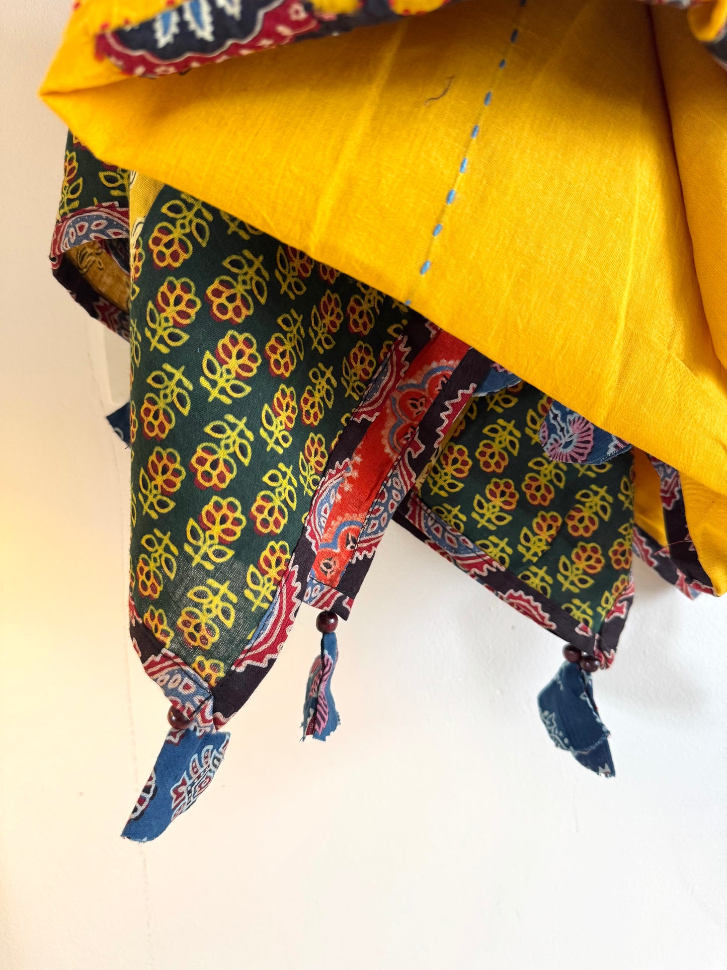 𓂃ོ⋆☀︎𓂃ᨒོ Ajrakh, Applique & Kantha Embroidered Dupatta ~ Yellow w/ Black flowers 𑁍ࠬ