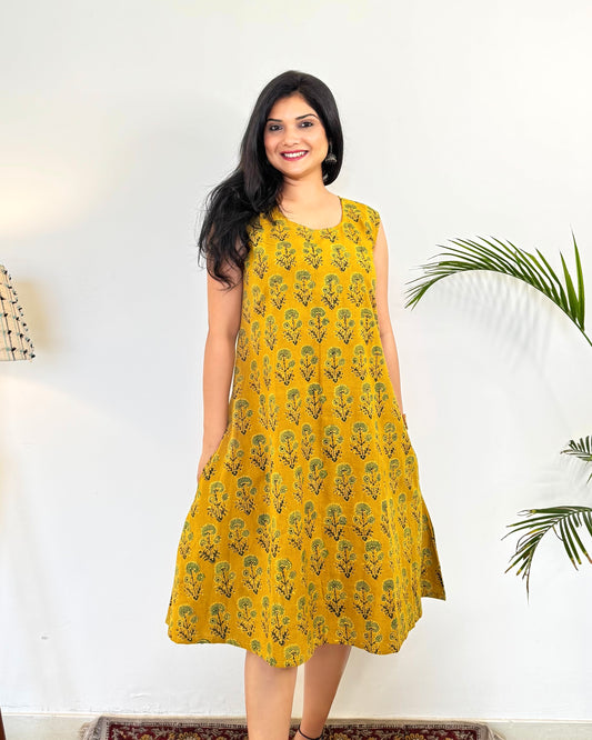 Noor 9 to 5 Ajrakh Dress ~ Mustard Yellow - Daisy Print