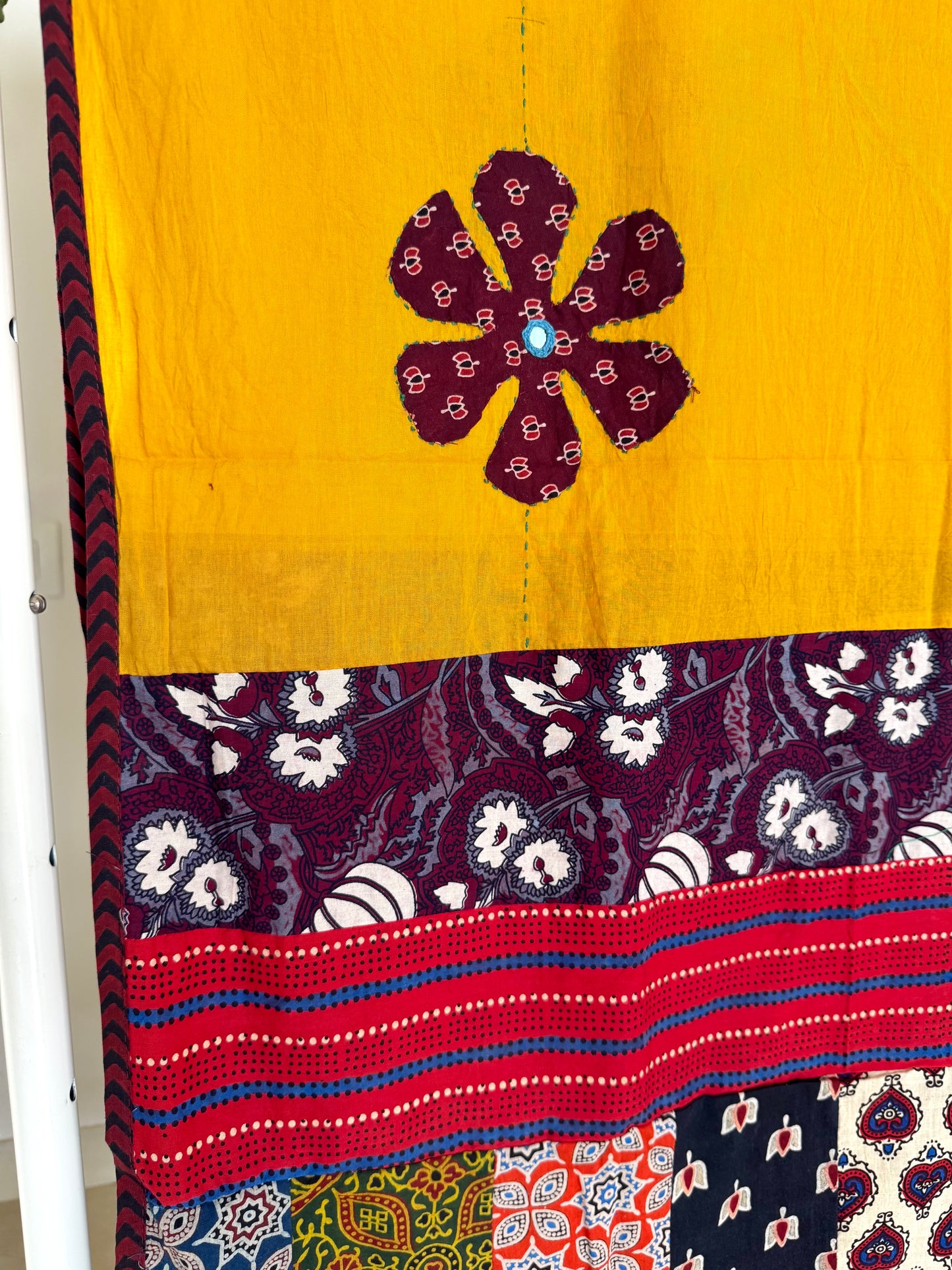 𓂃ོ⋆☀︎𓂃ᨒོ Ajrakh, Applique & Kantha Embroidered Dupatta ~ Yellow & Maroon𑁍ࠬ