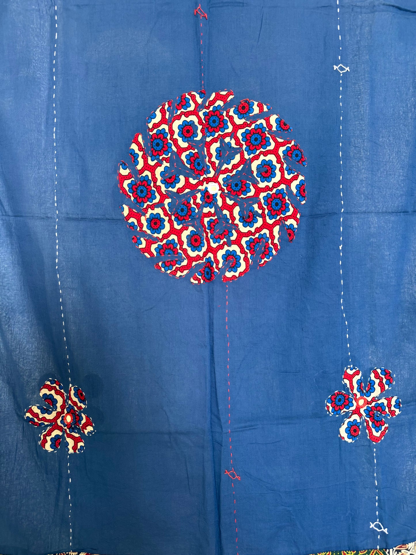 Ajrakh Applique & Kantha Embroidered Dupatta ~ Navy Blue with Multicolor Flowers