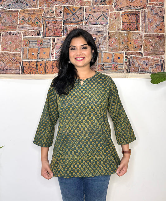 Bellflower ~ Olive Green Ajrakh Handblock Kurti