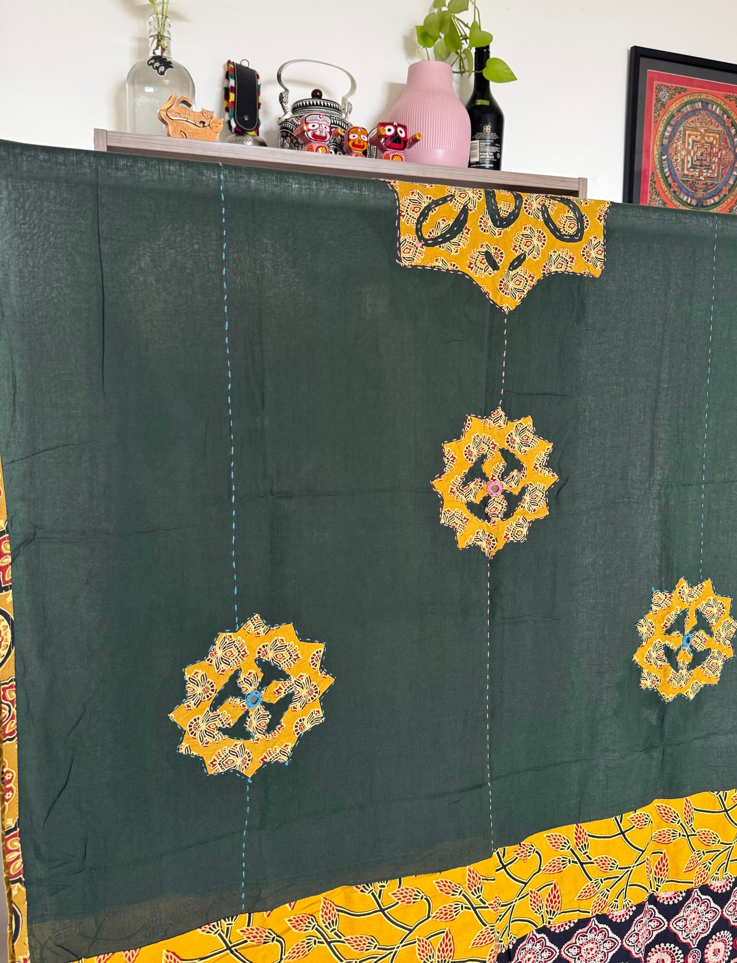 𓂃ོ⋆☀︎𓂃ᨒོ Ajrakh, Applique & Kantha Embroidered Dupatta ~ Olive Green w/ Yellow Flowers 𑁍ࠬ