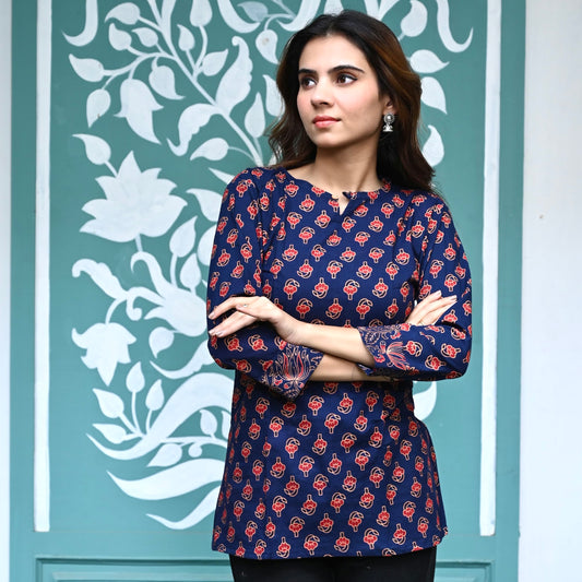 Midnight Tulips - Blue Handblock Kurti