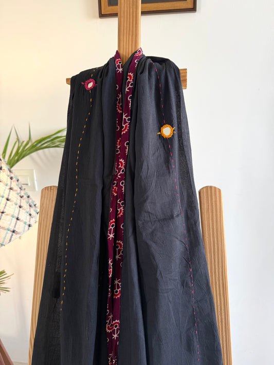 Ajrakh Applique & Kantha Embroidered Dupatta ~ Black & Red