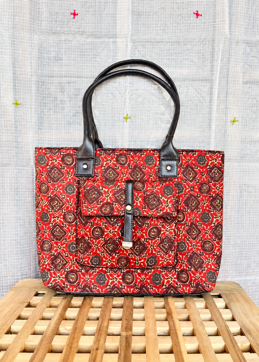 Karwaan🍂 Red mosaic motifs ~ Sanganeri Handblock Fabric Bag