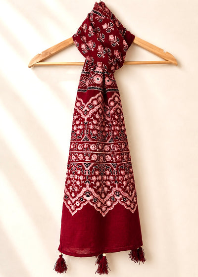 Raahi🌻Ajrakh Cotton Stoles ~ Deep red w/ rose motifs