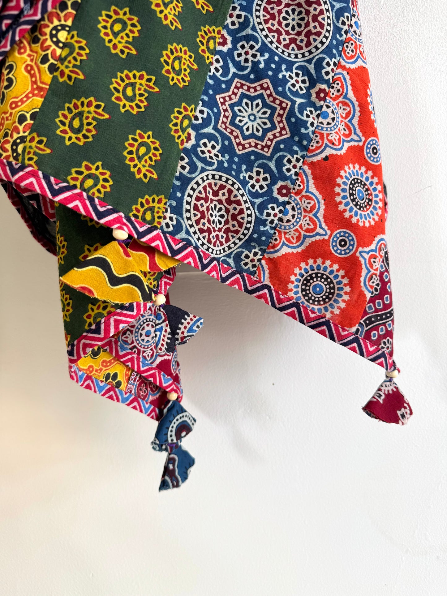 𓂃ོ⋆☀︎𓂃ᨒོ Ajrakh, Applique & Kantha Embroidered Dupatta ~ Black with Ruby Crystals𑁍ࠬ