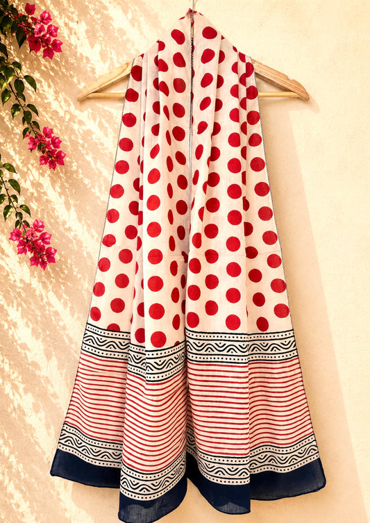 Raag 🪷 Mulmul Cotton Stoles ~ Red Polka Dots