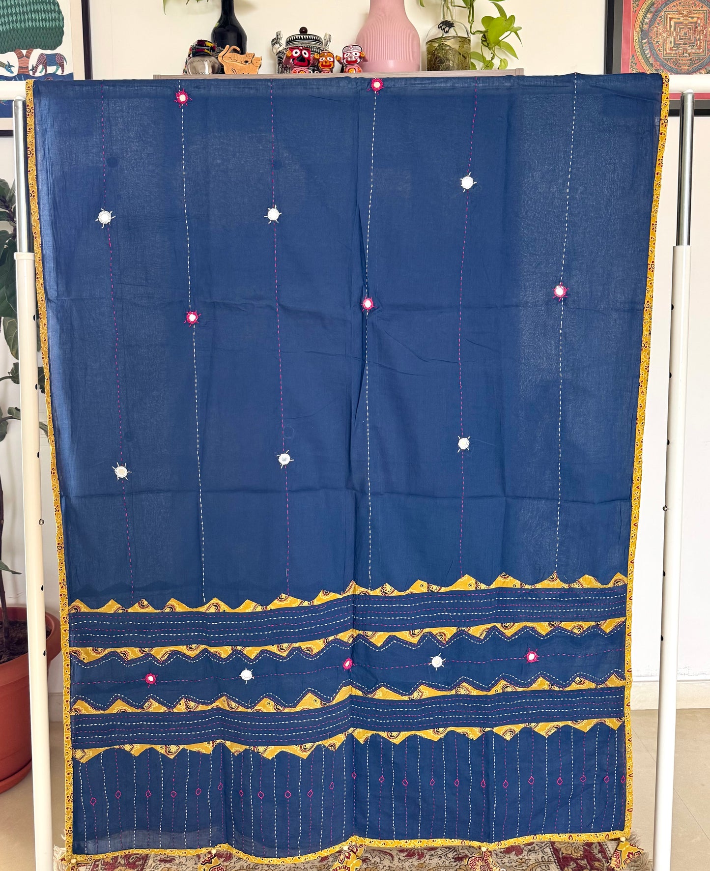 Ajrakh Applique & Kantha Embroidered Dupatta ~ Navy Blue with Yellow Kantha Work