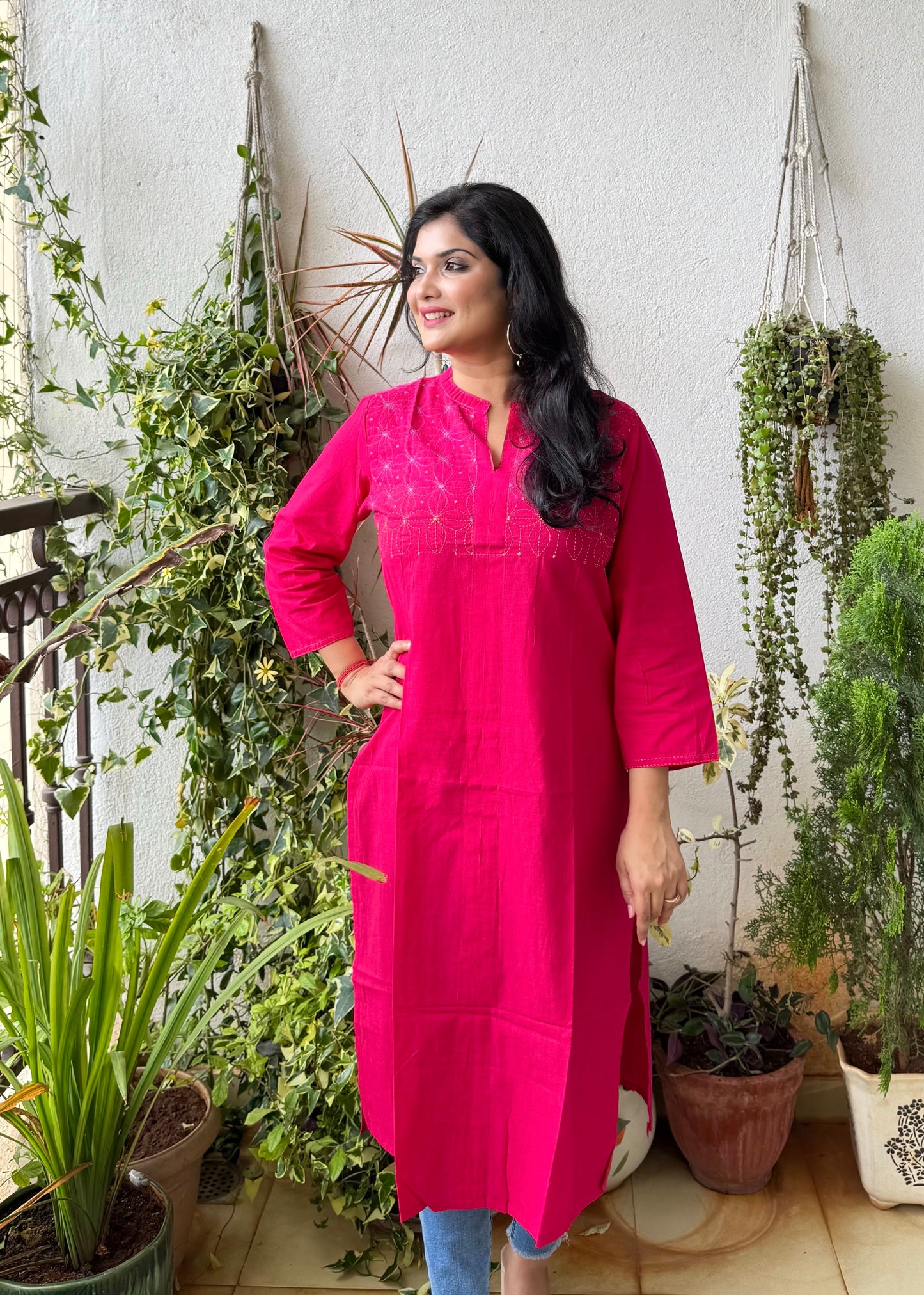 Masakali ~ Cotton Embroidered Kurti, Flamingo Pink🦩