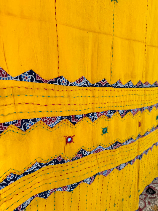 Ajrakh Applique & Kantha Embroidered Dupatta ~ Mustard Yellow with dotted lines