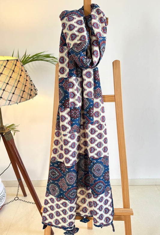 Ajrakh Dupatta ~ Pearl White & Sapphire Blue Chequered