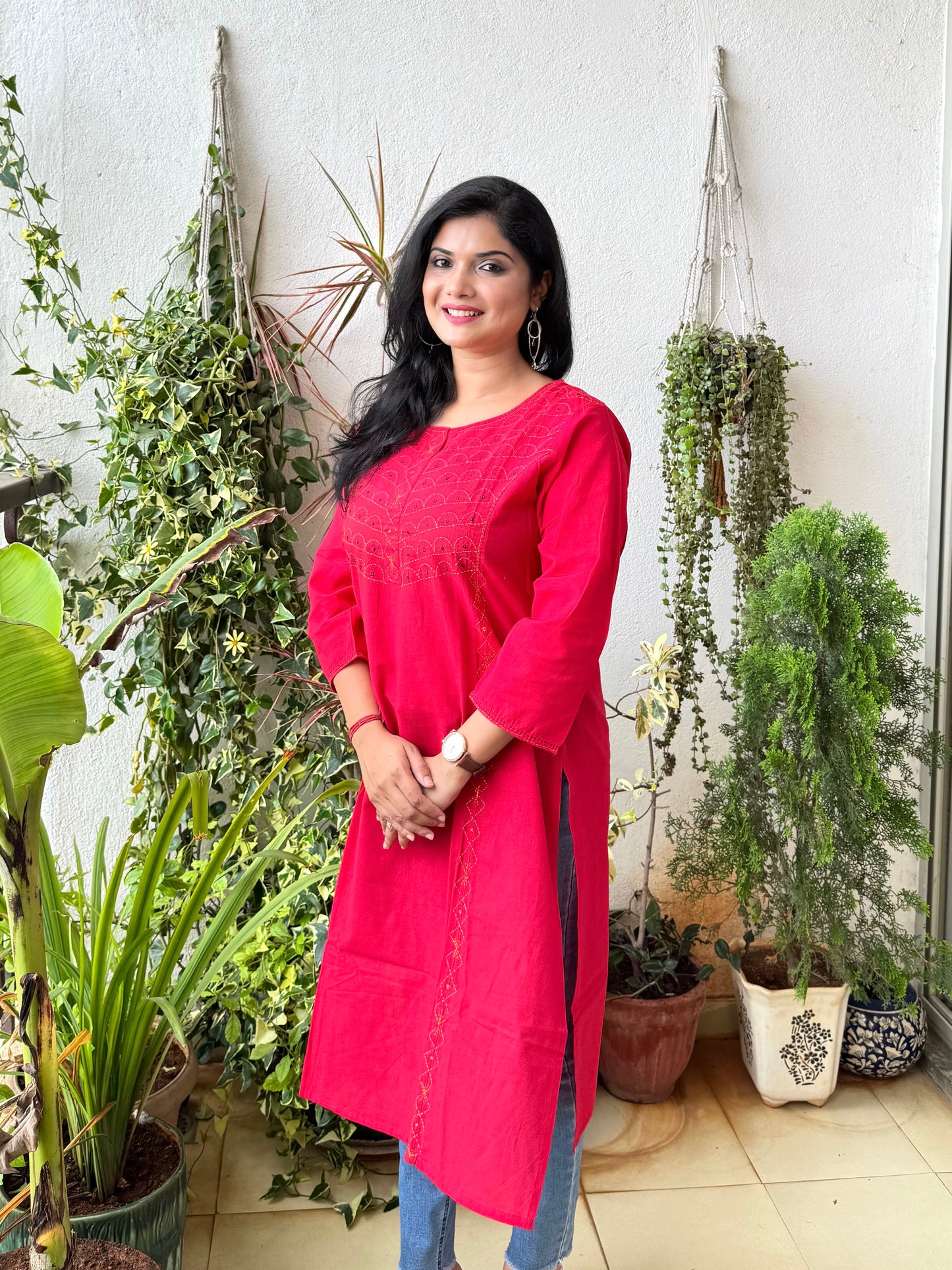 Masakali ~ Cotton Embroidered Kurti, Cherry Red 🍒