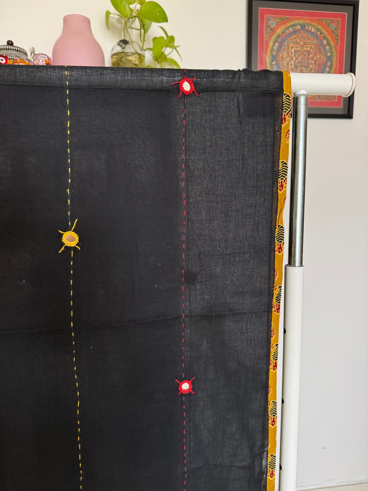 Ajrakh Applique & Kantha Embroidered Dupatta ~ Black & Yellow