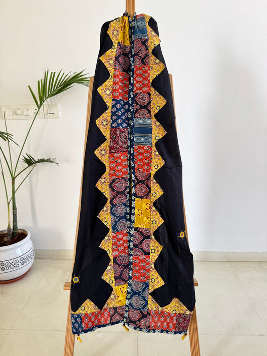 Ajrakh Applique & Kantha Embroidered Dupatta ~ Raven Black & Yellow