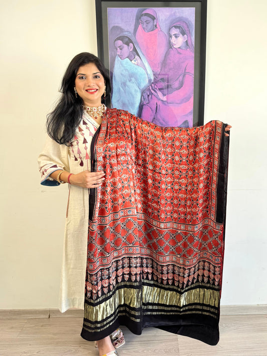 Modal Silk Ajrakh Dupatta ~ Brick Red Vine Motif w/ Zari