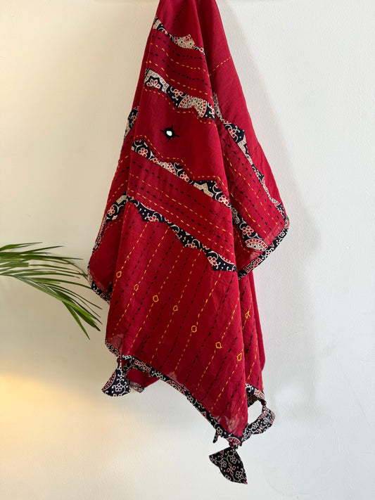 Ajrakh Applique & Kantha Embroidered Dupatta ~ Deep Red with Kantha Work