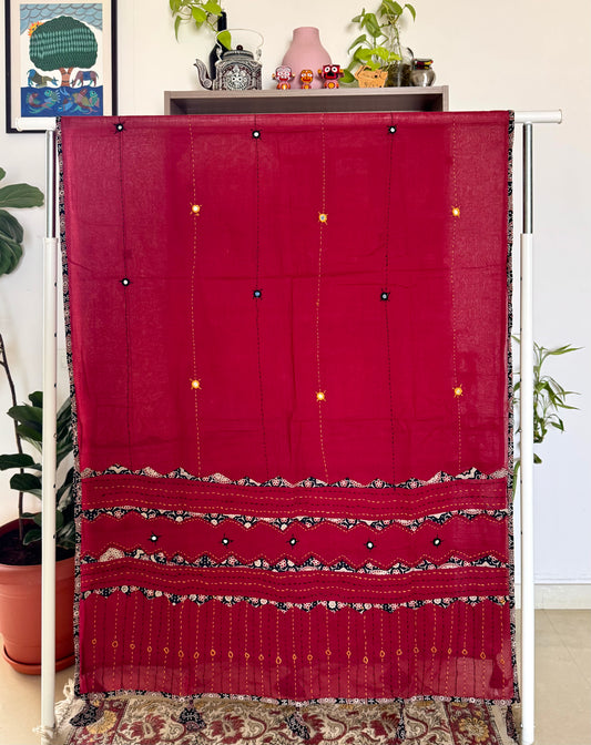 Ajrakh Applique & Kantha Embroidered Dupatta ~ Deep Red with Kantha Work