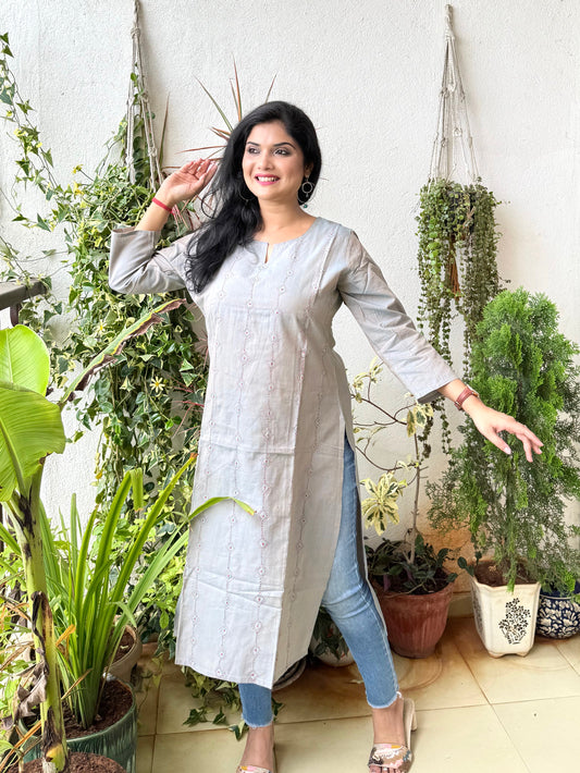 Masakali ~ Cotton Embroidered Kurti, Cool Grey 🩶