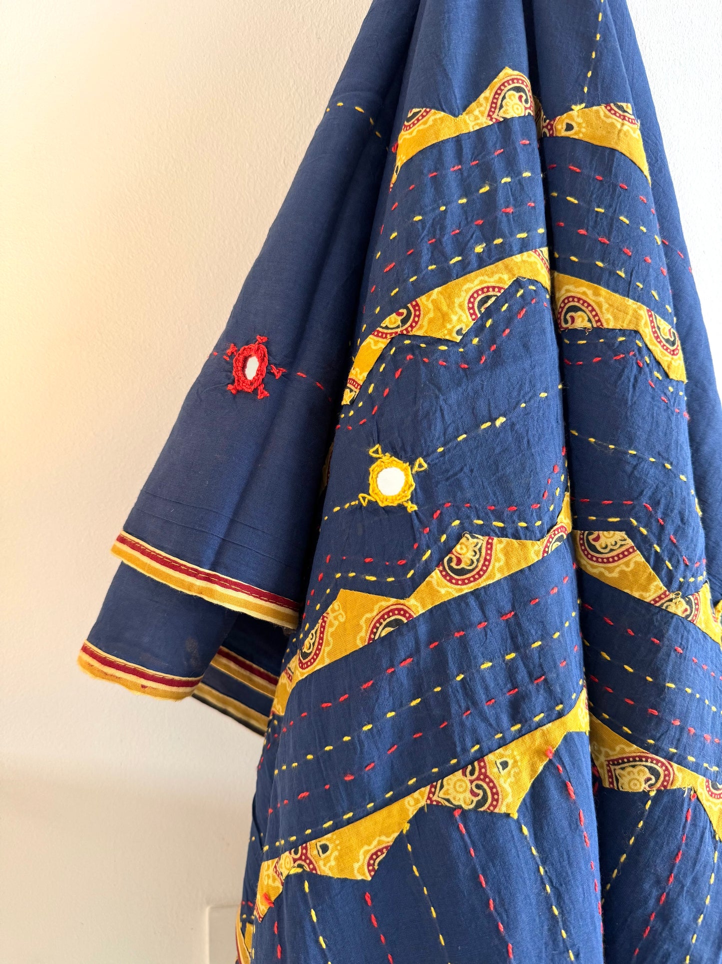 Ajrakh Applique & Kantha Embroidered Dupatta ~ Navy Blue with Yellow Kantha Work