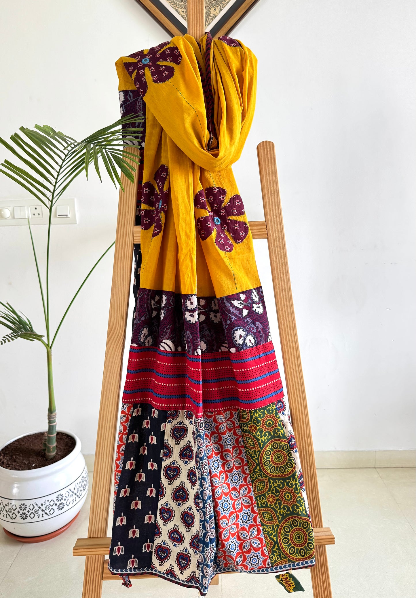 𓂃ོ⋆☀︎𓂃ᨒོ Ajrakh, Applique & Kantha Embroidered Dupatta ~ Yellow & Maroon𑁍ࠬ