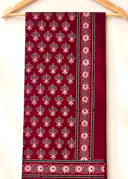 Raahi🌻Ajrakh Cotton Stoles ~ Deep red w/ rose motifs