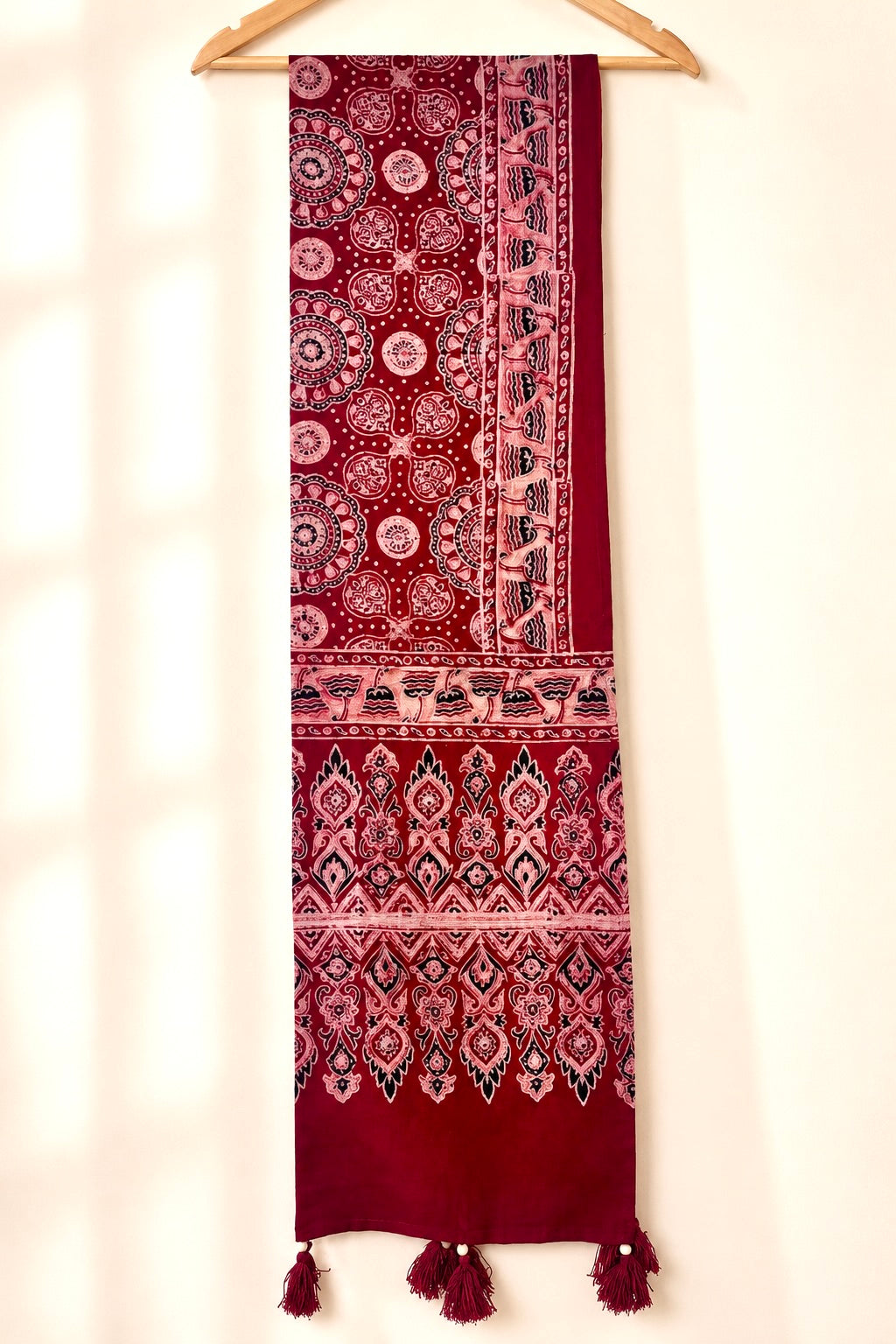 Raahi🌻Ajrakh Cotton Stoles ~ Deep red w/ floral motifs