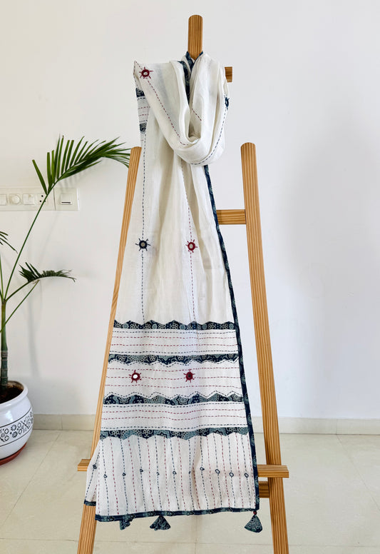 Ajrakh Applique & Kantha Embroidered Dupatta ~ White with Blue Patchwork