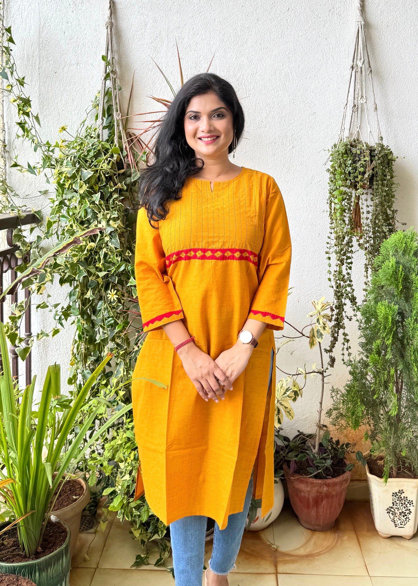 Masakali ~ Cotton Embroidered Kurti, Yellow Ochre🔅