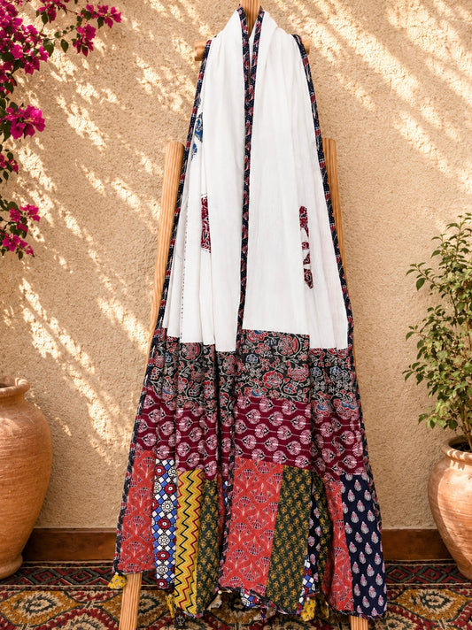 Ajrakh Applique & Kantha Embroidered Dupatta ~ White & Indigo Blooms