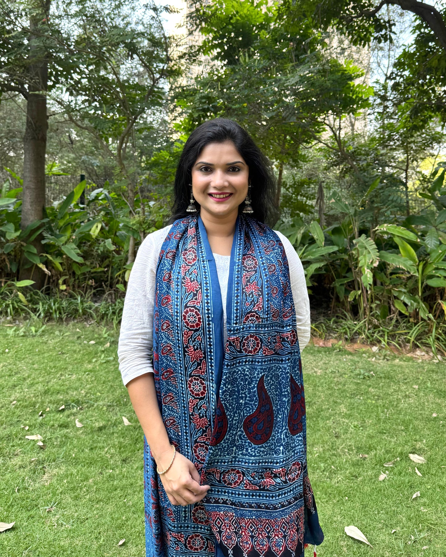 Rangrez🔅Modal Silk Ajrakh Stoles ~ Indigo with Floral Motifs