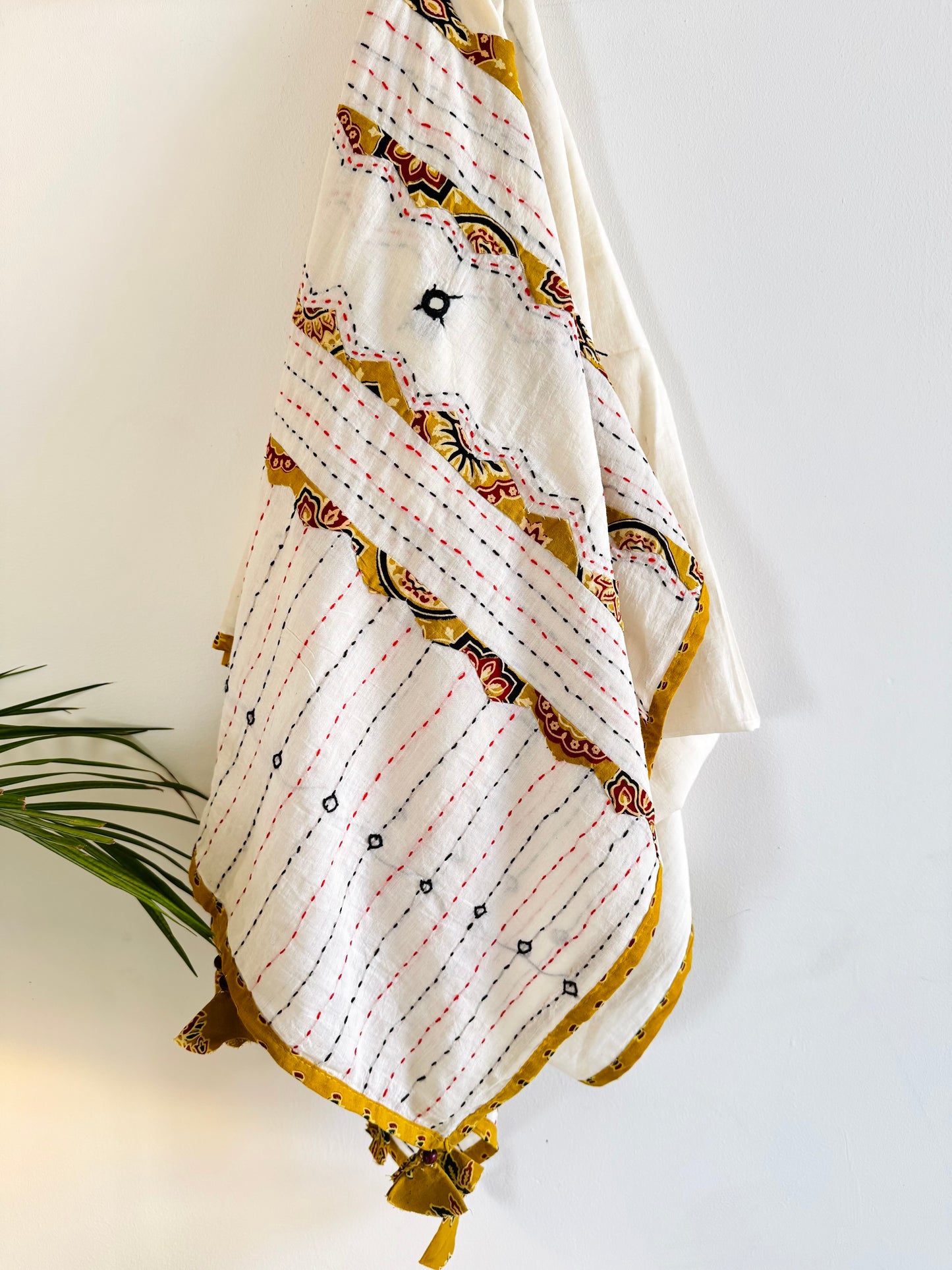 Ajrakh Applique & Kantha Embroidered Dupatta ~ White with Yellow Patchwork