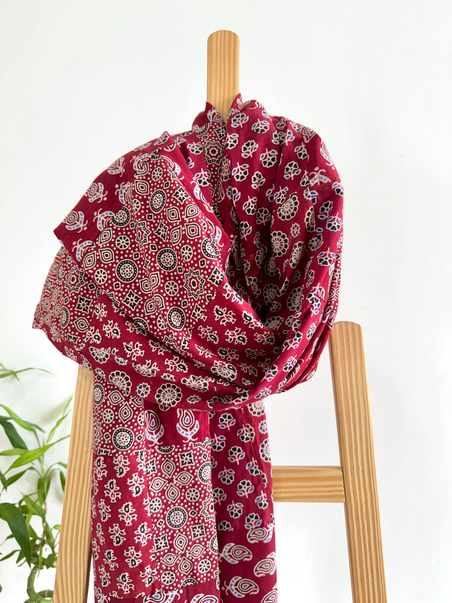 Ajrakh Applique & Kantha Embroidered Dupatta ~ Red Chequered