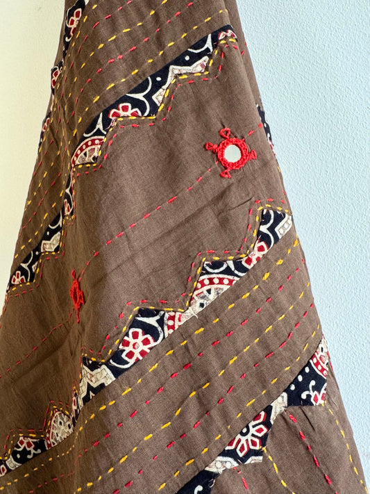 Ajrakh Applique & Kantha Embroidered Dupatta ~ Coffee Brown with Black Patchwork