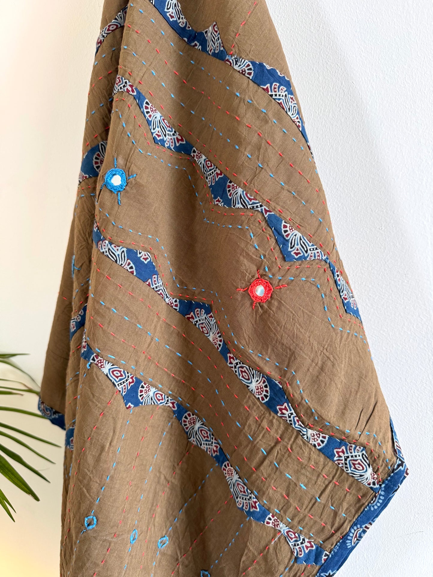 Ajrakh Applique & Kantha Embroidered Dupatta ~ Coco with Blue Patchwork