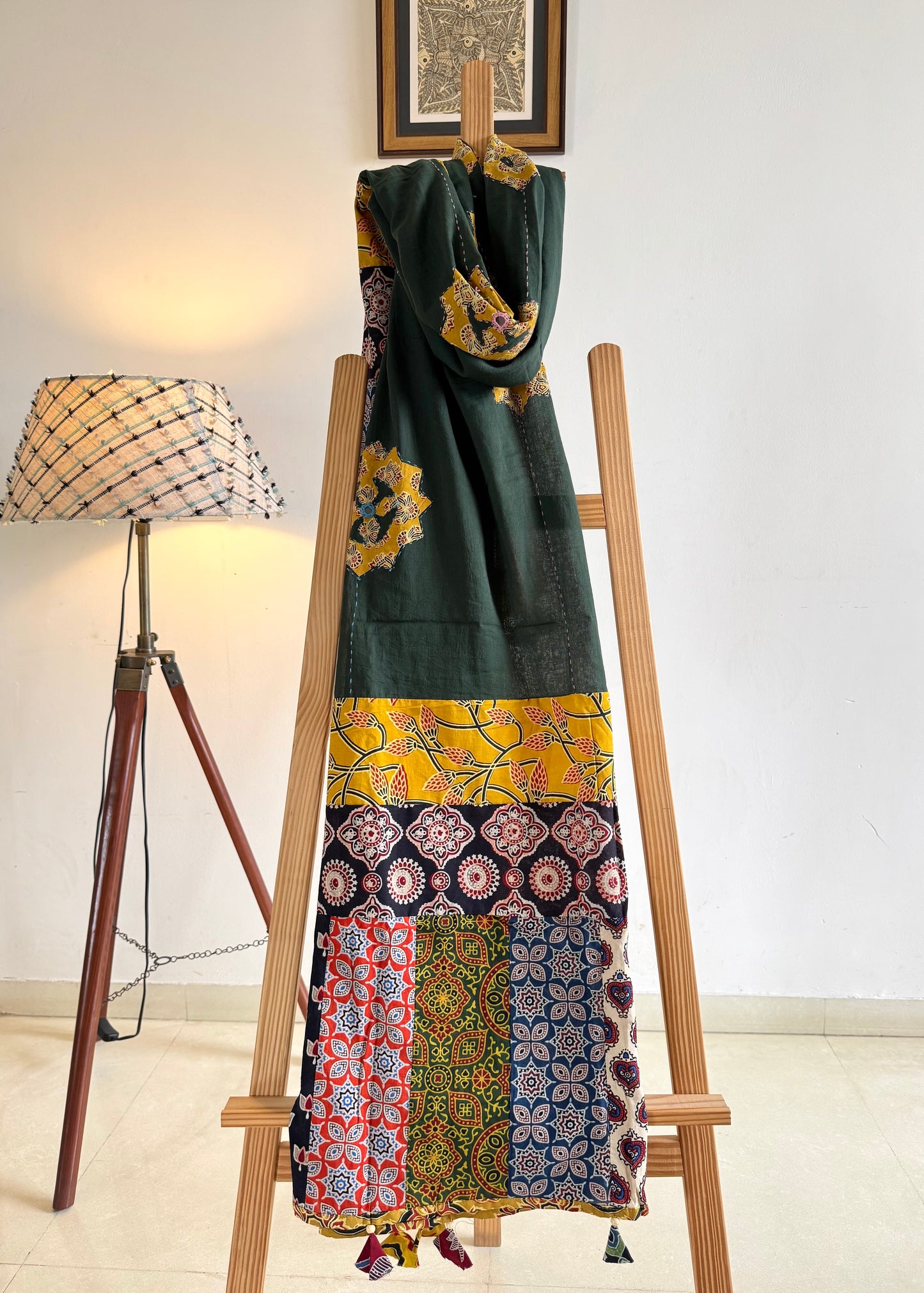 𓂃ོ⋆☀︎𓂃ᨒོ Ajrakh, Applique & Kantha Embroidered Dupatta ~ Olive Green w/ Yellow Flowers 𑁍ࠬ
