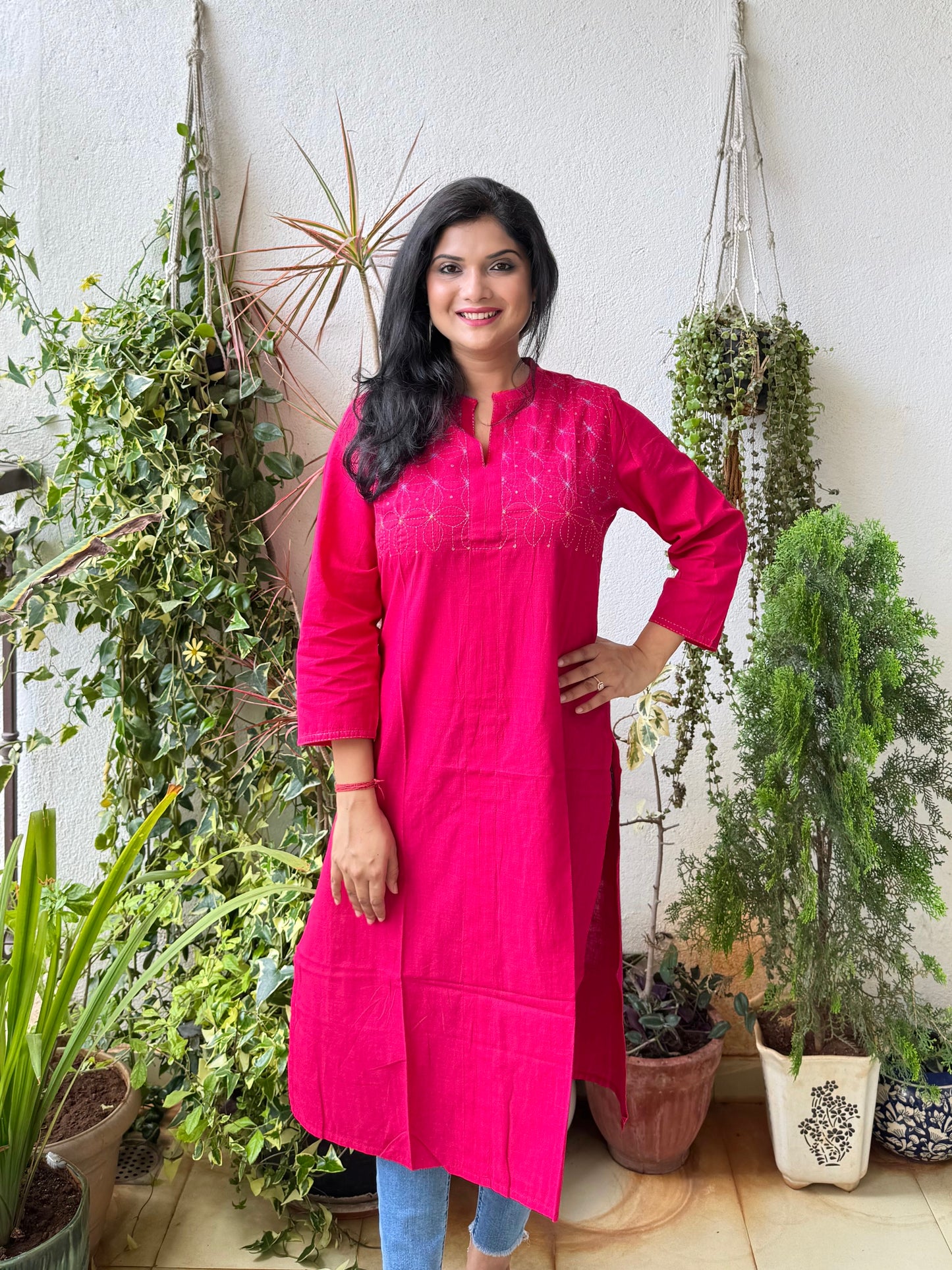 Masakali ~ Cotton Embroidered Kurti, Flamingo Pink🦩