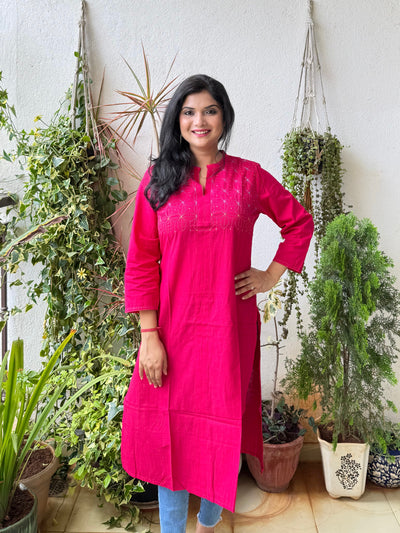 Masakali ~ Cotton Embroidered Kurti, Flamingo Pink🦩