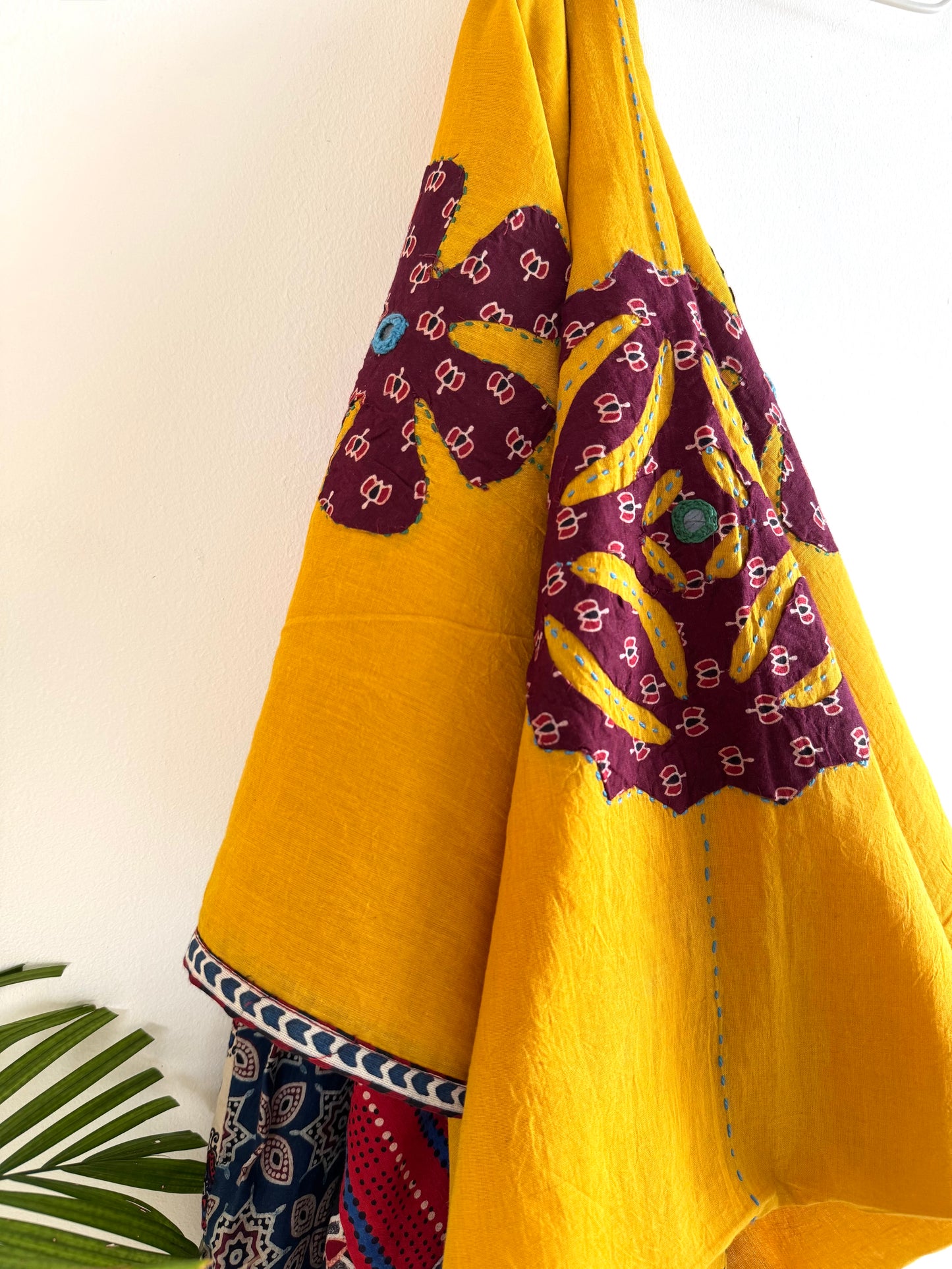 𓂃ོ⋆☀︎𓂃ᨒོ Ajrakh, Applique & Kantha Embroidered Dupatta ~ Yellow & Maroon𑁍ࠬ