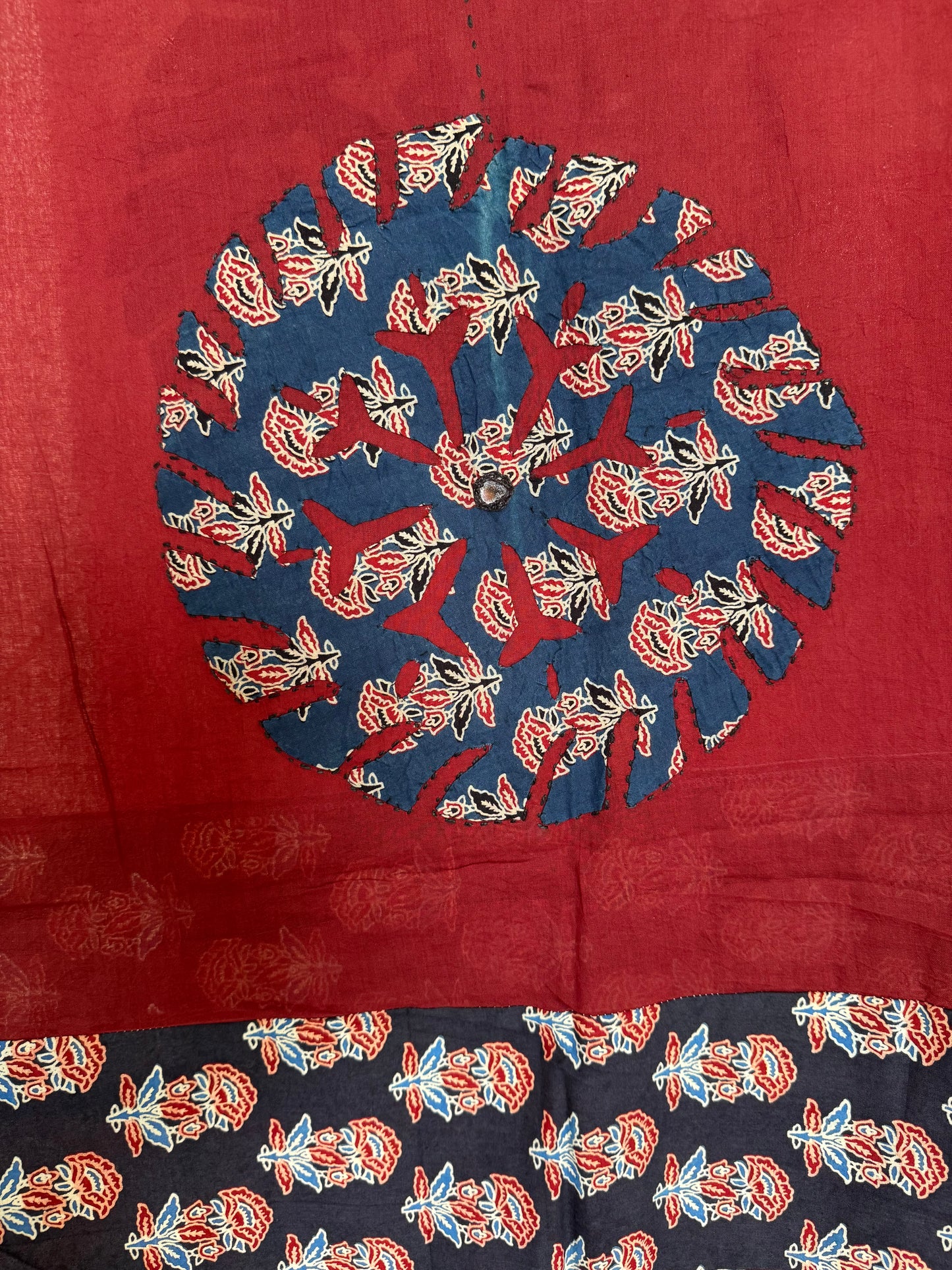 𓂃ོ⋆☀︎𓂃ᨒོ Ajrakh, Applique & Kantha Embroidered Dupatta ~ Burgundy Red 𑁍ࠬ