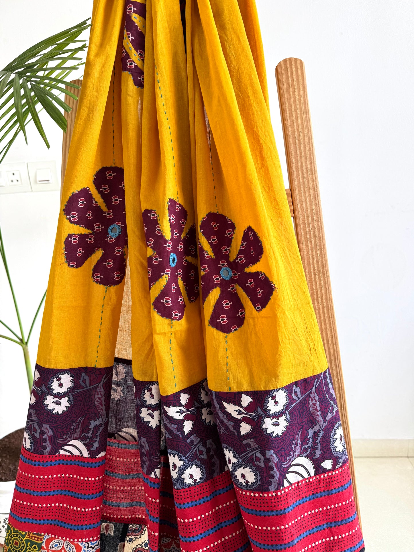 𓂃ོ⋆☀︎𓂃ᨒོ Ajrakh, Applique & Kantha Embroidered Dupatta ~ Yellow & Maroon𑁍ࠬ